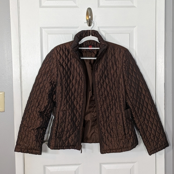Gallery Chocolate Brown Quilted Full Zip Puffer Coat Size Petite Medium - Picture 4 of 8